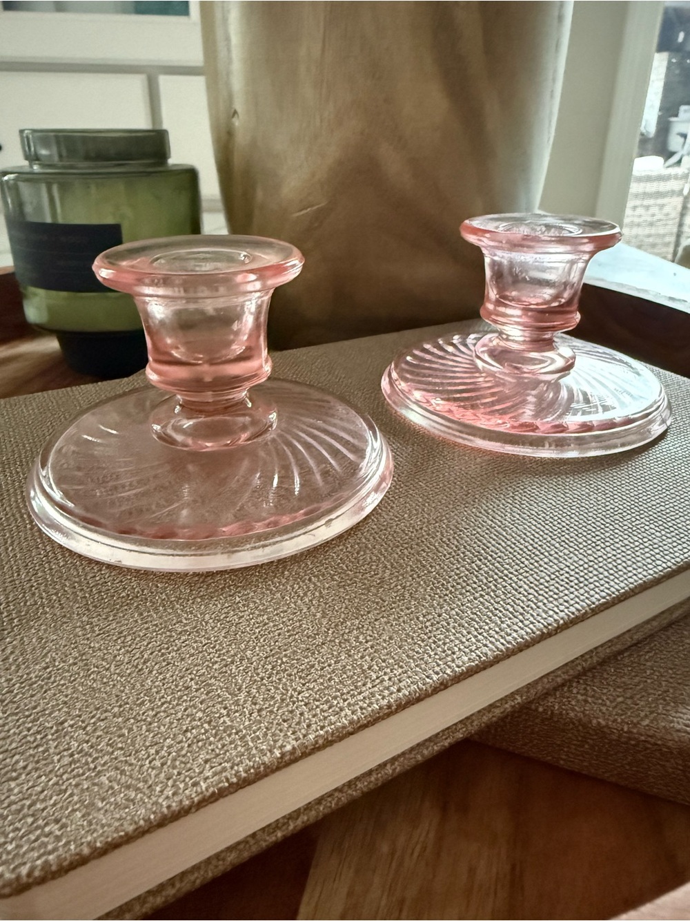 Set of 2 vintage pink swirl depression glass candlestick candle holders